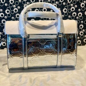 Michael Kors Silver Jet Set Medium Patent Logo EMBOSSED Duffel Crossbody Bag NWT